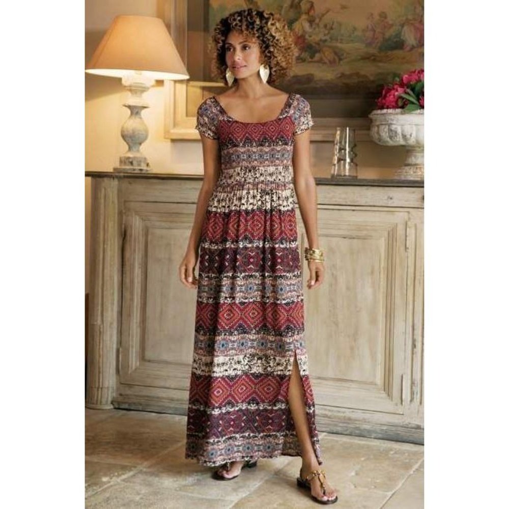 SOFT SURROUNDINGS Smocked Macelo Print Maxi Dress sz S Petite NEW Red/Blue